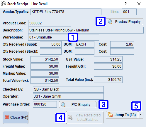 Stock Receipt - Line Detail Screen Stock Receipt - Line Detail Screen