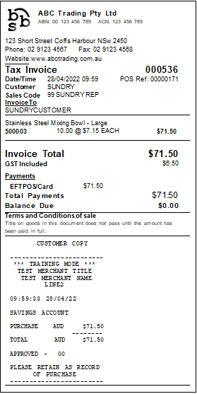 Example of Linkly Integrated Payment on a BBS POS docket Example of Linkly Integrated Payment on a BBS POS docket