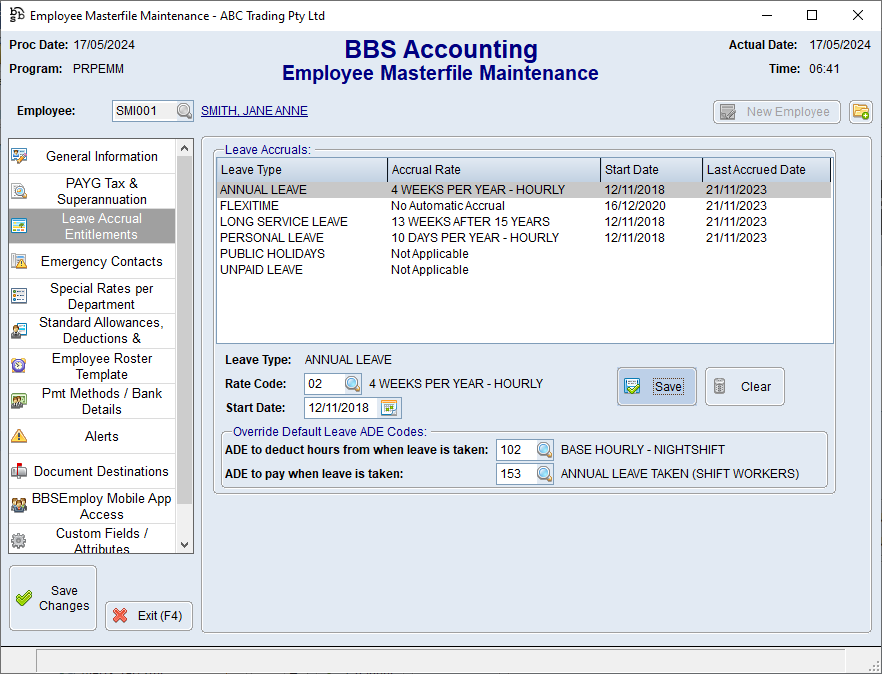 Example of overriding an indvidual employee's leave ADE codes Example of overriding an indvidual employee's leave ADE codes