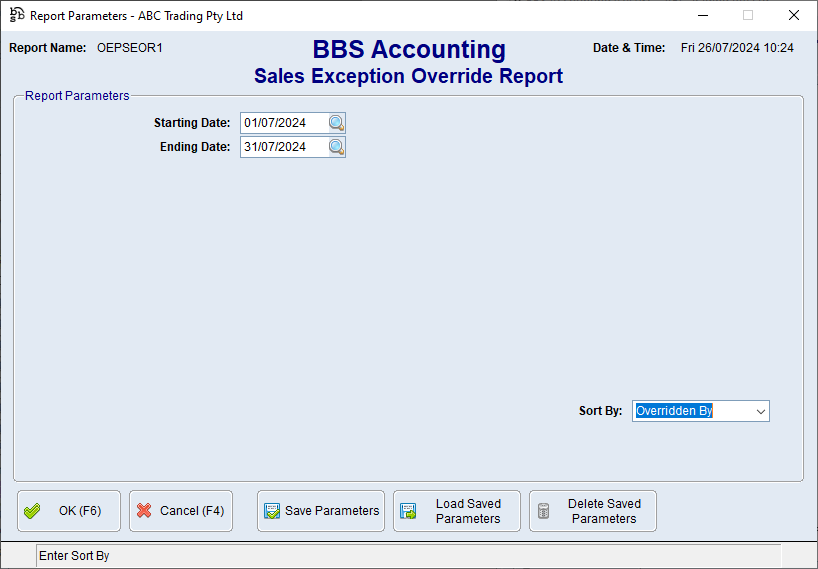 Sales Exception Override Report Screen Sales Exception Override Report Screen