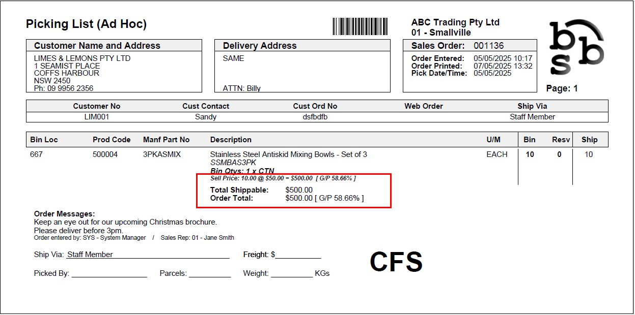 Example of Picking Slip with GST Exlcusive prices and GP% set to Yes Example of Picking Slip with GST Exlcusive prices and GP% set to Yes