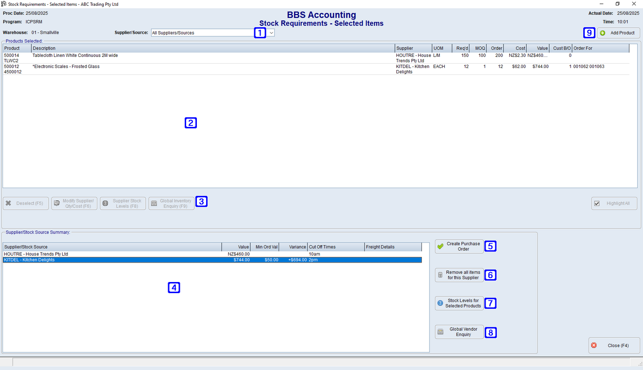Stock Requirements - Selected Items Screen Stock Requirements - Selected Items Screen