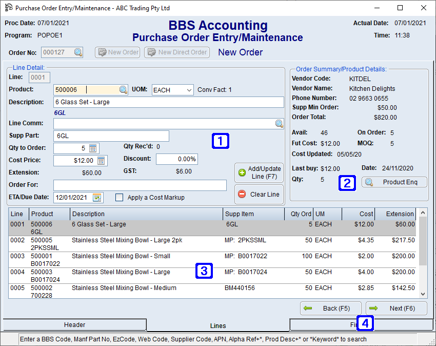 Purchase Order Entry/Maintenance - Lines Tab Screen Purchase Order Entry/Maintenance - Lines Tab Screen