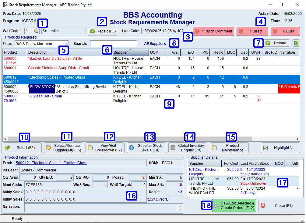 Stock Requirements Manager Screen Stock Requirements Manager Screen